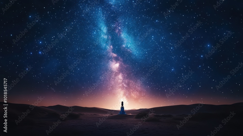 An enchanting night under a starlit sky reveals a vast galaxy above a serene desert landscape An enchanting night under a starlit sky reveals a vast galaxy above a serene desert landscape