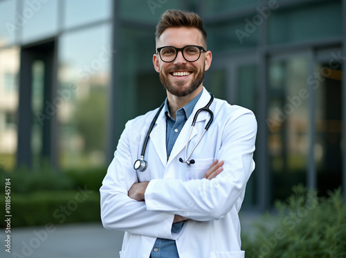 Young Smiling And Successful Male Doctor Outdoors in Urban Environment With Stethoscope And Lab Coat photo