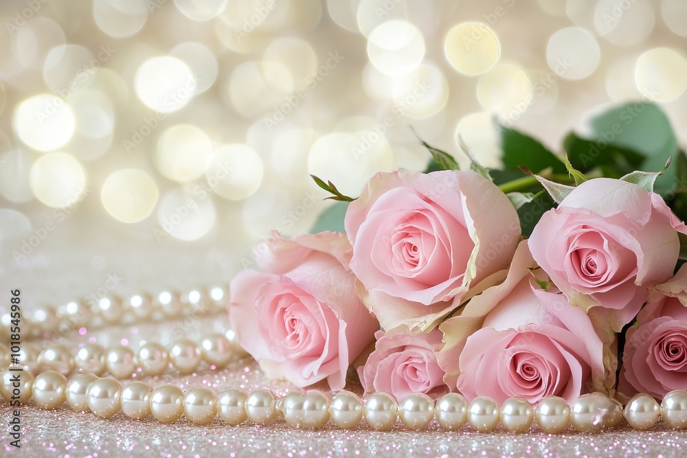 Pink Roses and Pearls on Glittery Background for Valentine's Day Card Design. AI generated illustration Pink Roses and Pearls on Glittery Background for Valentine's Day Card Design. AI generated illustration