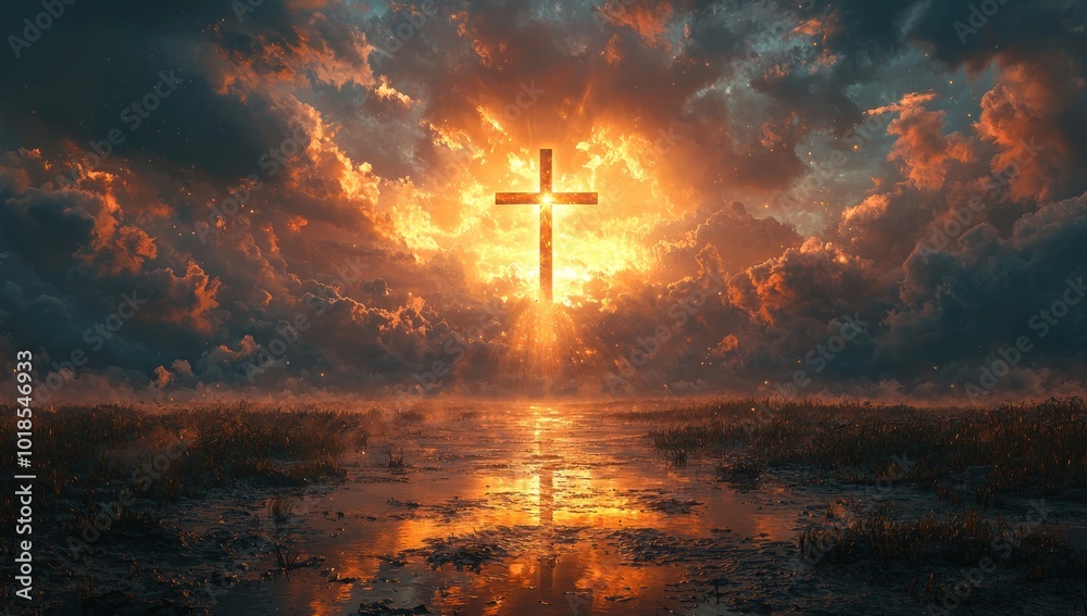 Cross standing in a field at sunset with dramatic clouds and reflections in a wet landscape Generative AI Cross standing in a field at sunset with dramatic clouds and reflections in a wet landscape Generative AI