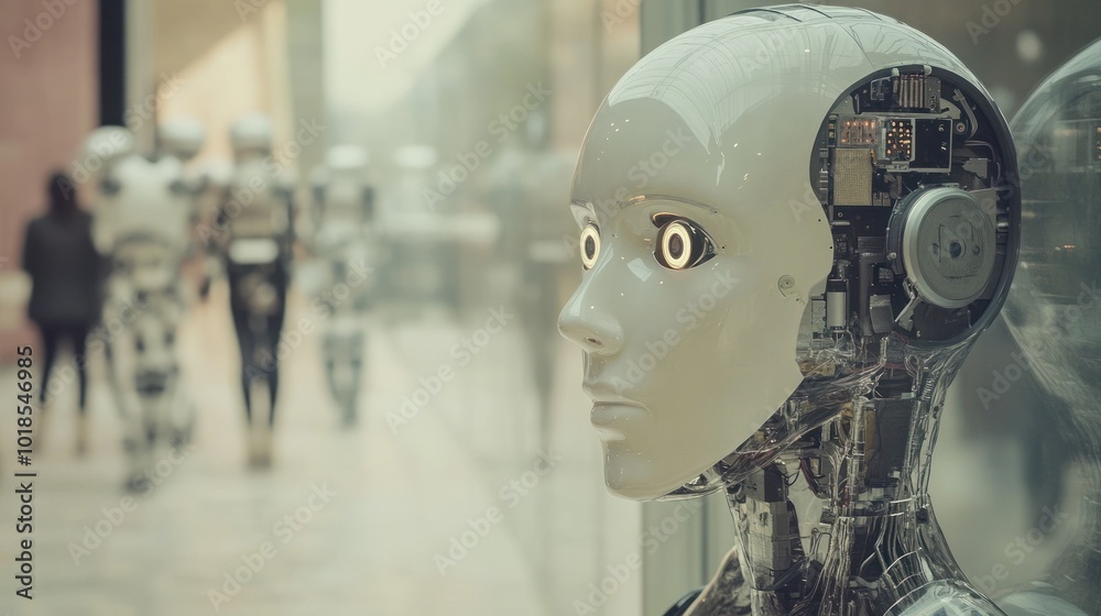 Futuristic humanoid robot with exposed mechanics staring Futuristic humanoid robot with exposed mechanics staring