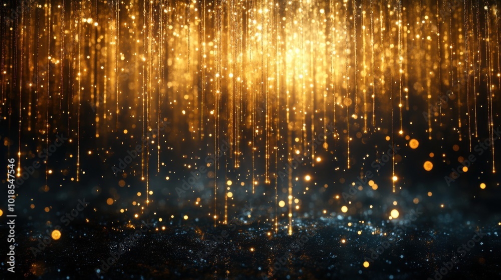 Golden streamers hanging down, dark starry backdrop, confetti and lights below, soft shimmer, luxurious and spacious for text overlay. Golden streamers hanging down, dark starry backdrop, confetti and lights below, soft shimmer, luxurious and spacious for text overlay.