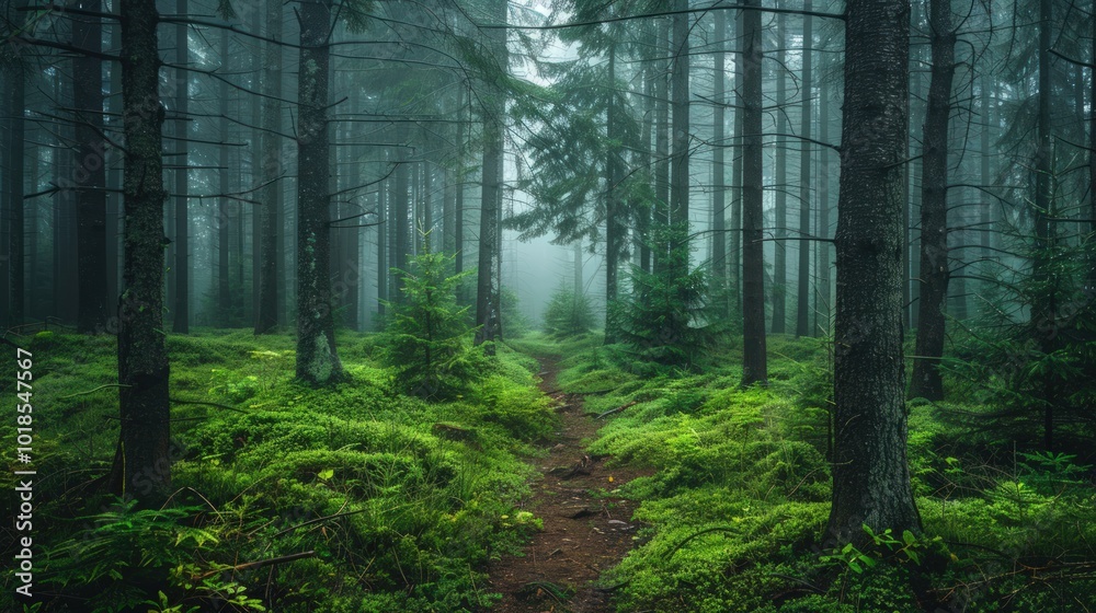 Obraz premium Mysterious Forest Path Through Misty Woods
