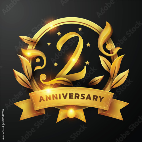 2nd Anniversary design a golden ribbon and golden leaf Decorated around the number '2' on a black background. Perfect for celebrating milestones or promoting anniversary events with a luxurious.