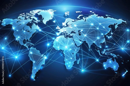 Abstract global network concept with a blue glowing world map, data transfer and cyber technology background digital connections across the globe in abstract