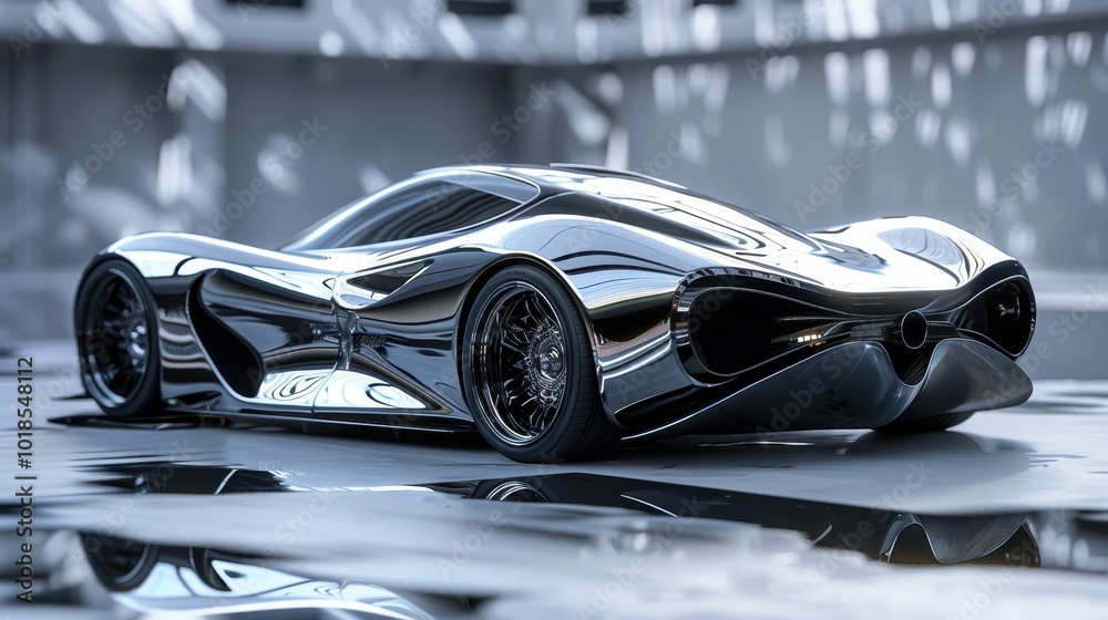 Create a chrome effect 3D text design for a futuristic sports car brand, with sleek lines and reflective surfaces Create a chrome effect 3D text design for a futuristic sports car brand, with sleek lines and reflective surfaces