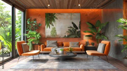 Create an interior design render of a modern office space incorporating Peach Fuzz accents