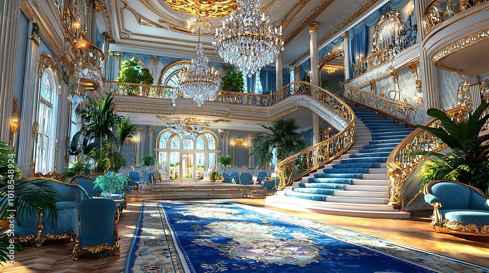 Obraz premium Grand Staircase in a Luxurious Blue and Gold Mansion Interior