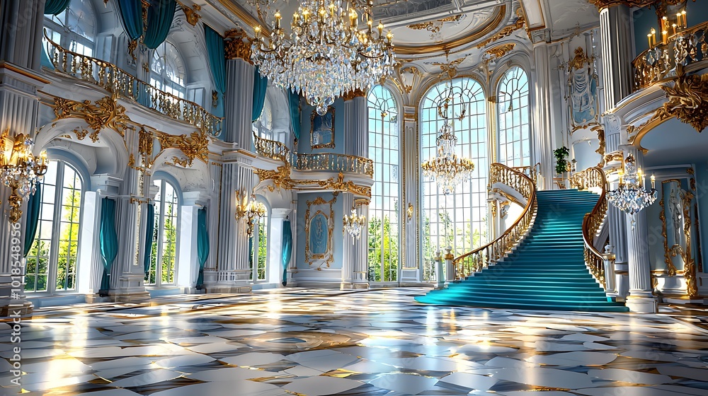 Obraz premium Grand Palace Interior with Blue Carpeted Staircase and Chandelier