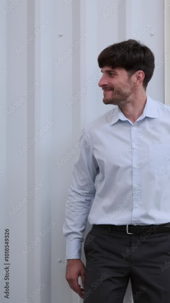 Happy Caucasian middle aged freelancer or businessperson exit from boss office and celebrating achievement or promotion. Vertical video. Happy Caucasian middle aged freelancer or businessperson exit from boss office and celebrating achievement or promotion. Vertical video.