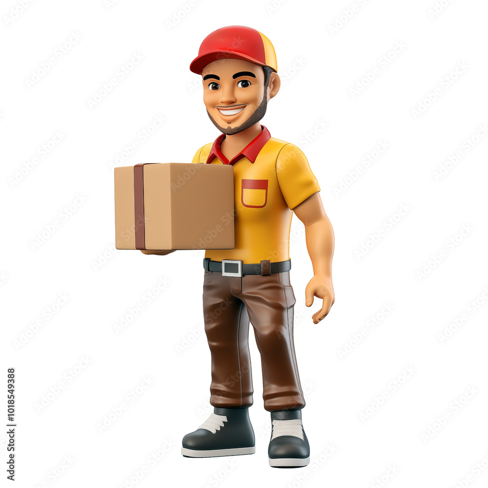 The delivery man character is standing smiling while holding a parcel in one hand, 3D rendering illustration cartoon style transparent background. The delivery man character is standing smiling while holding a parcel in one hand, 3D rendering illustration cartoon style transparent background.