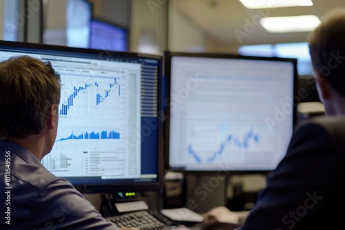 Two men analyzing complex financial charts on screens.