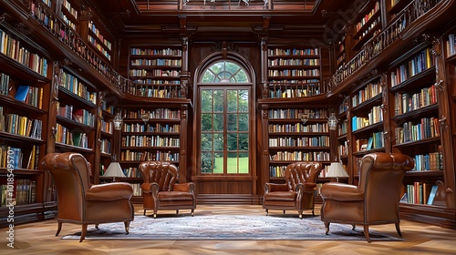 Classic Library Interior with Bookshelves Leather Armchairs and Large Window