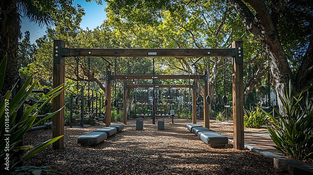 Outdoor Fitness Area with Wooden Beams Chains and Rings in a Park Setting Outdoor Fitness Area with Wooden Beams Chains and Rings in a Park Setting