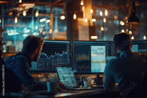 Two traders collaborating in high-tech trading office