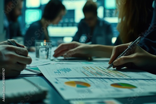 Hands collaborating over charts and graphs in meeting photo