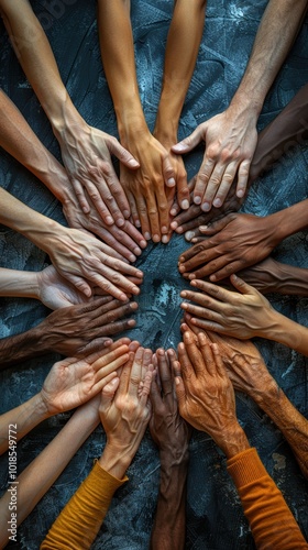 Top view of diverse people's hands together in a team work and support concept on a grey background with copy space, flat lay, overhead shot, stock photo. 