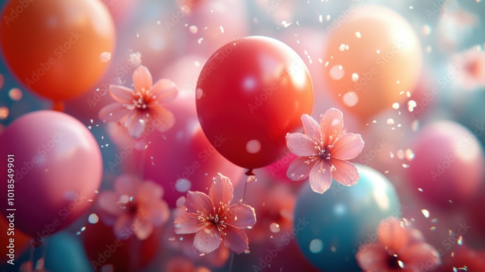 New Year Eve background with a burst of colorful balloons, gently falling confetti, and vibrant flowers softly blurred behind. New Year Eve background with a burst of colorful balloons, gently falling confetti, and vibrant flowers softly blurred behind.