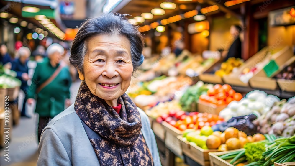 Obraz premium 活気に満ちた市場での日本人シニア女性の食料品買い物体験