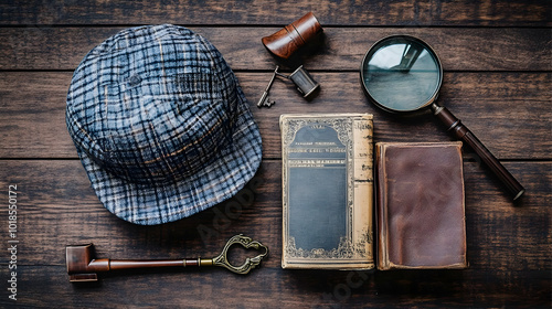 Vintage Detective Accessories Flat Lay on Rustic Wooden Background