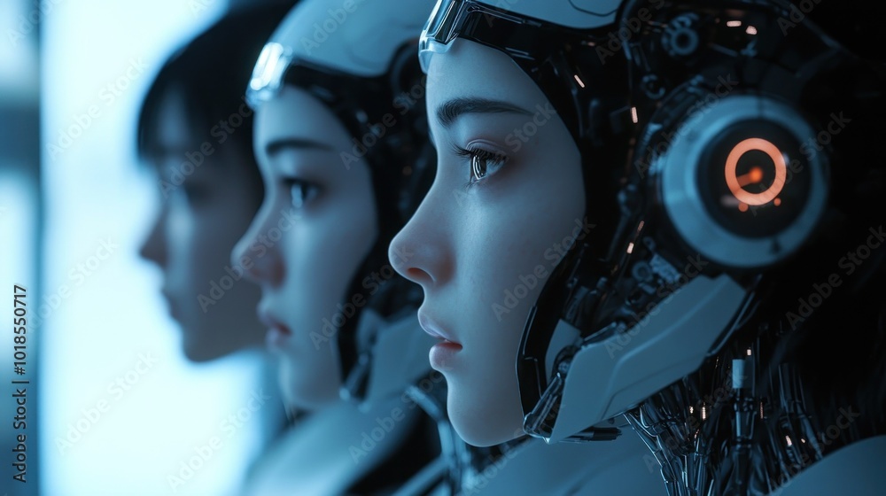 Robotic figures aligned, representing technological unity Robotic figures aligned, representing technological unity