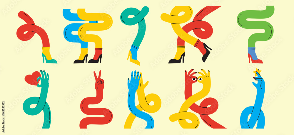 Fototapeta premium Groovy hippie set of colorful curved funny twisted intertwined legs in different poses. Hand drawn vector colored trendy illustration. Flat design