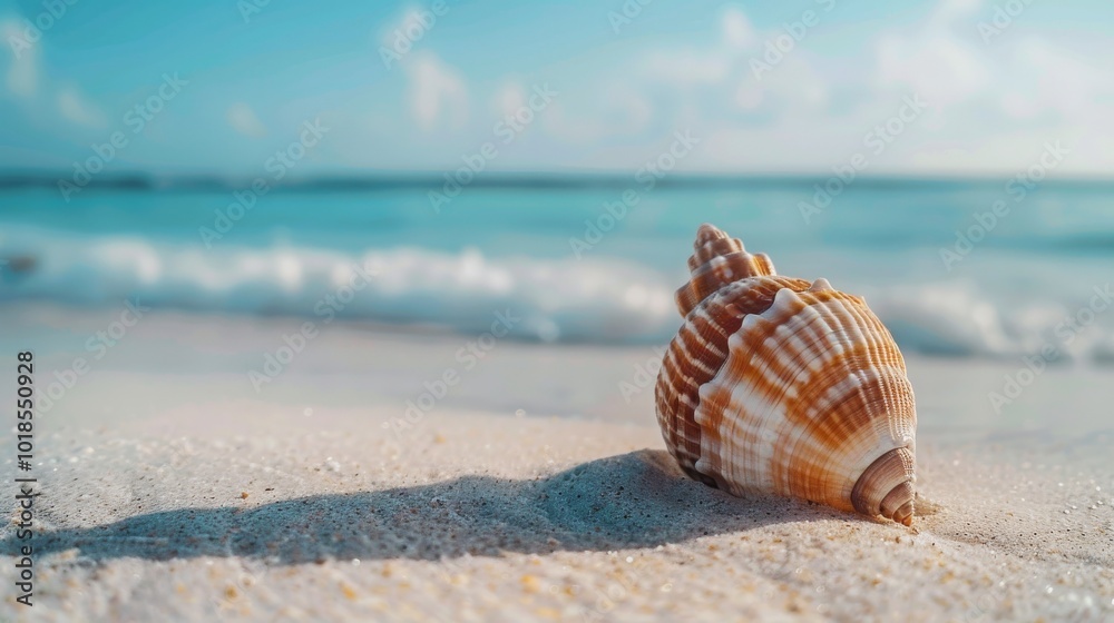 Seashell on sandy beach with ocean waves
Seashell on sandy beach with ocean waves
