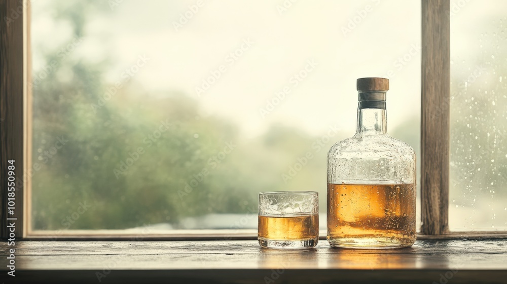 Rustic Setting with Alcohol Bottle and Glass Rustic Setting with Alcohol Bottle and Glass