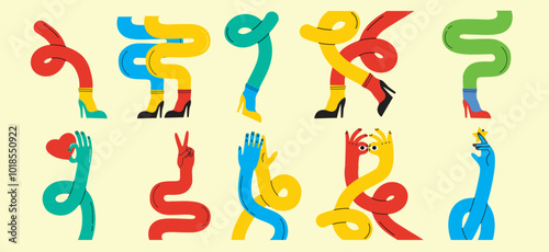 Groovy hippie set of colorful curved funny twisted intertwined legs in different poses. Hand drawn vector colored trendy illustration. Flat design