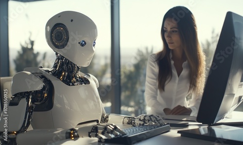 Human supervises robot at computer station work photo