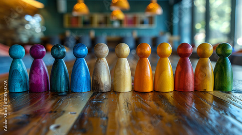 A group of colorful wooden figures arranged around a business conference table, each figure uniquely painted to represent diversity and inclusivity in the workplace. photo