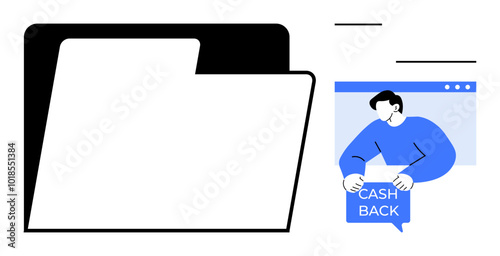 Large folder icon with a person in blue holding a Cashback sign representing online shopping rewards. Text and shapes in minimalistic style. Ideal for e-commerce, promotions, finance, savings