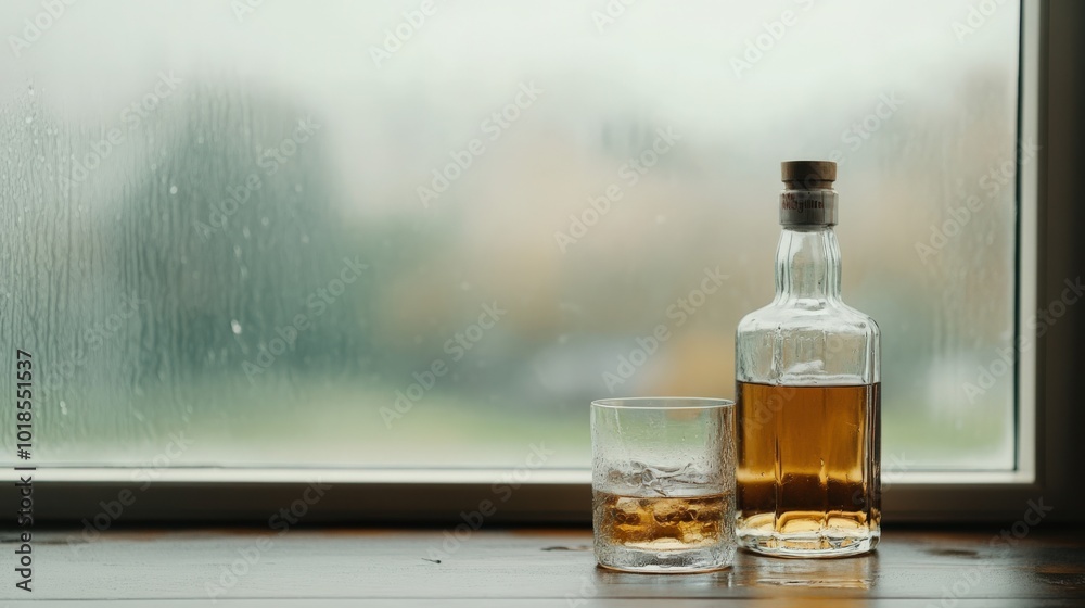 Bottle of Alcohol with Glass by a Wooden Window Bottle of Alcohol with Glass by a Wooden Window