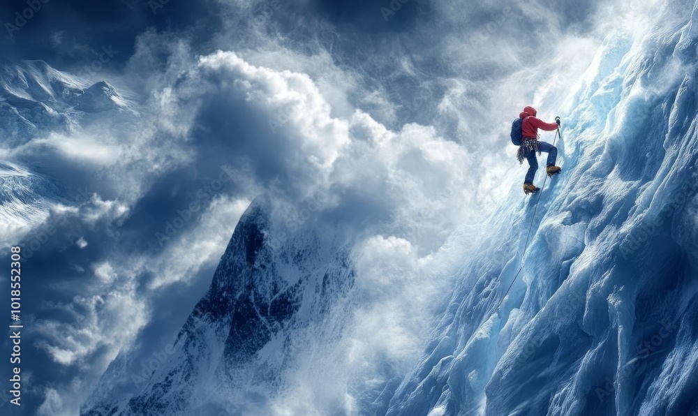 Climber ascends icy mountain peak in windy clouds. Climber ascends icy mountain peak in windy clouds.