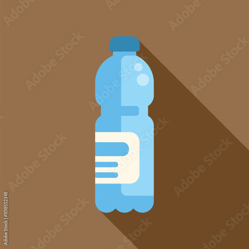 Blue plastic water bottle with blank label casting a shadow on a brown background