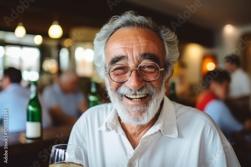 Portrait of happy senior man with a glass of wine in a pub