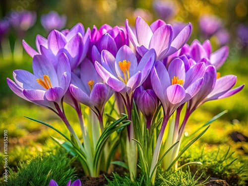 Lush autumn crocus blooms with brilliant purple petals stand out against a gentle green backdrop, creating a striking and vivid natural scene filled with beauty.