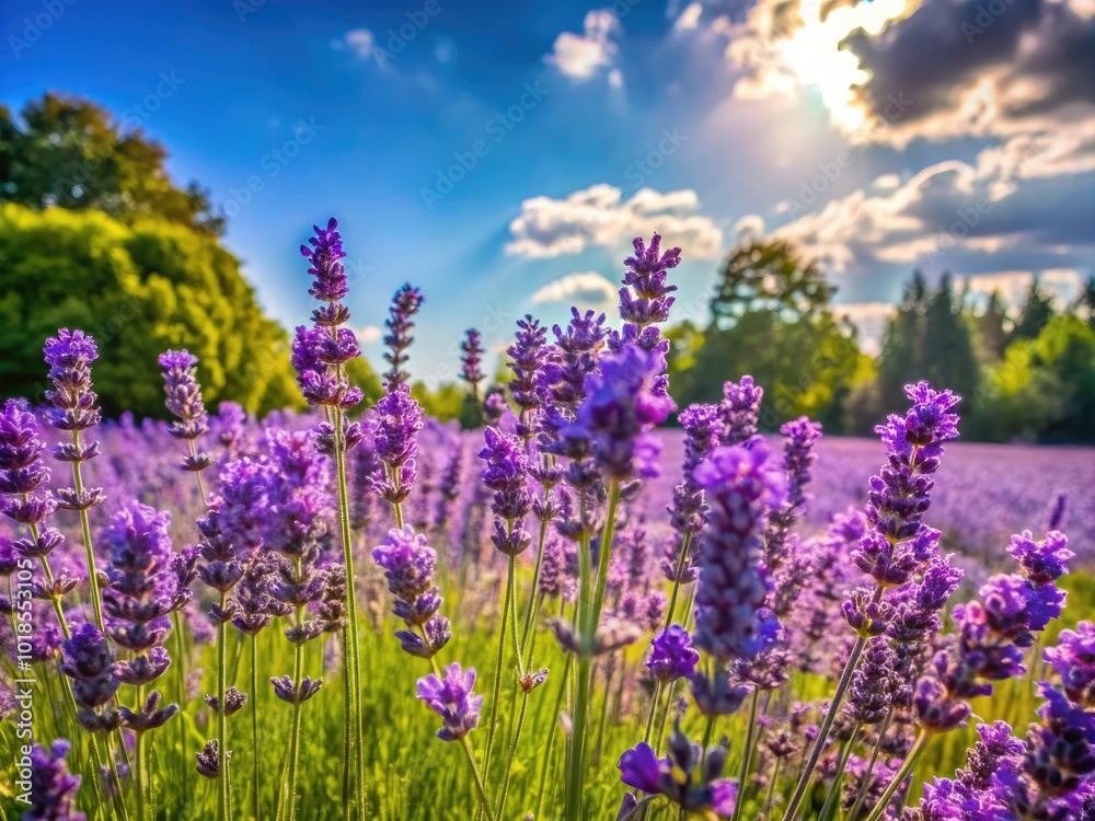 Lush green foliage cradles blooming lavender flowers under the radiant sun, creating a peaceful atmosphere that showcases the exquisite beauty of nature's palette. Lush green foliage cradles blooming lavender flowers under the radiant sun, creating a peaceful atmosphere that showcases the exquisite beauty of nature's palette.