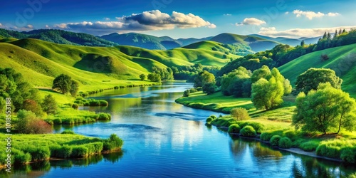 Lush green hills rise under a clear blue sky as a peaceful river meanders gracefully, inviting serenity and harmony in this beautiful natural landscape.