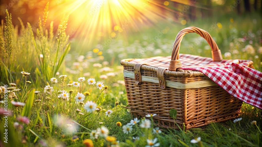 A woven basket with a red checkered cloth resting among delicate white wildflowers, bathed in the warm glow of a setting sun. A woven basket with a red checkered cloth resting among delicate white wildflowers, bathed in the warm glow of a setting sun.