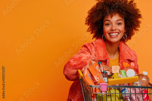 Young woman with a shopping cart full of products isolated on orange