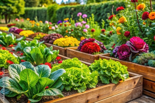 Lush raised bed gardens overflowing with vibrant produce and rich greenery, celebrating the beauty of fresh vegetables in their full, colorful bloom.