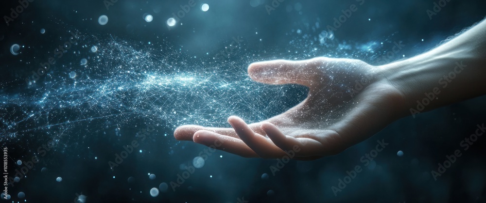 Fototapeta premium Outstretched hand emanating a captivating blue aura