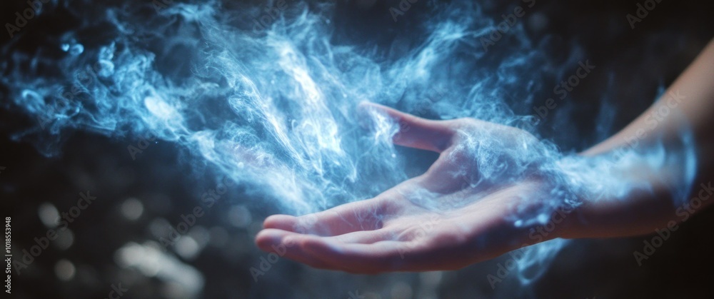 Fototapeta premium Mystical blue energy swirling above human hand
