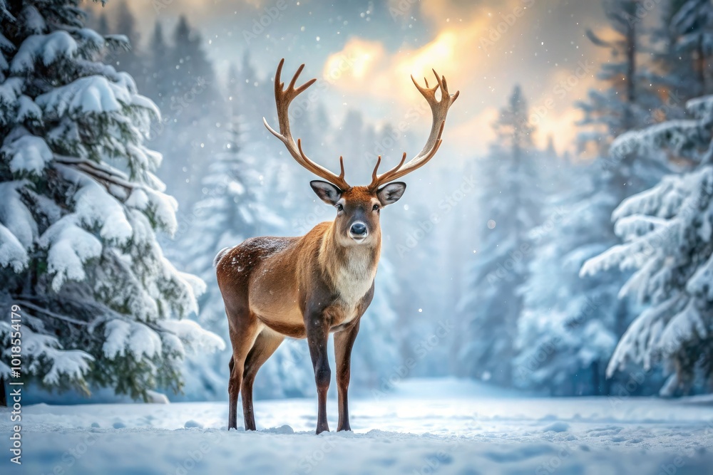 Majestic Christmas Reindeer Standing Gracefully in a Beautiful Snowy Winter Wonderland Landscape Majestic Christmas Reindeer Standing Gracefully in a Beautiful Snowy Winter Wonderland Landscape