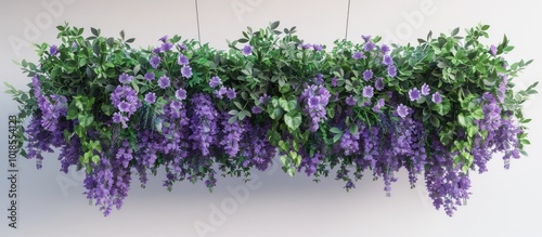 Stunning display of lush purple wisteria flowers cascading down a verdant plant arrangement creating a beautiful natural looking backdrop or hanging on a wall