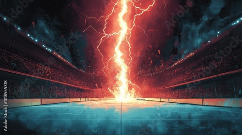 Versus, competition, battle an ice hockey rink. with a glowing lightning bolt, Generative Ai photo