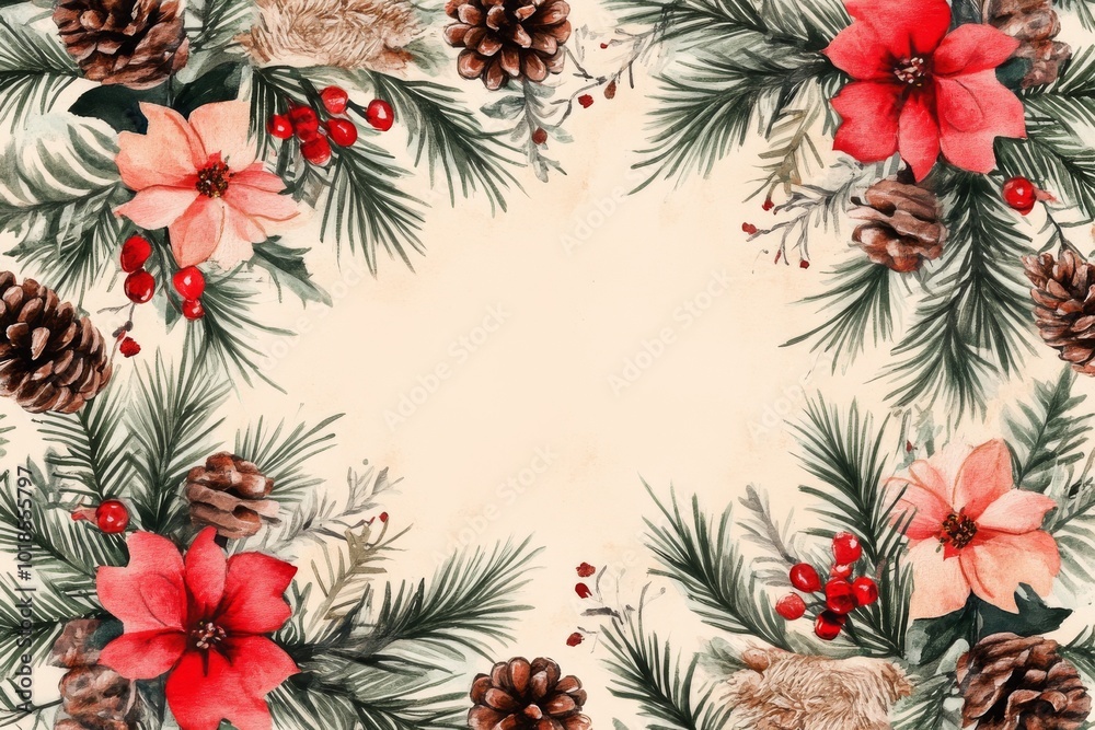Fototapeta premium New Year or Christmas background frame of fir branches, cones and berries on a beige background, space for text, for invitations or banners