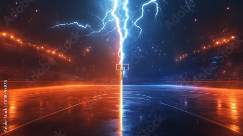 A versus, competition, battle of basketball court and a glowing lightning bolt, Generative Ai photo