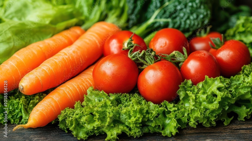 Fresh vegetables arranged beautifully, featuring carrots, tomatoes, and lettuce, perfect for healthy cooking and nutrition. Fresh vegetables arranged beautifully, featuring carrots, tomatoes, and lettuce, perfect for healthy cooking and nutrition.